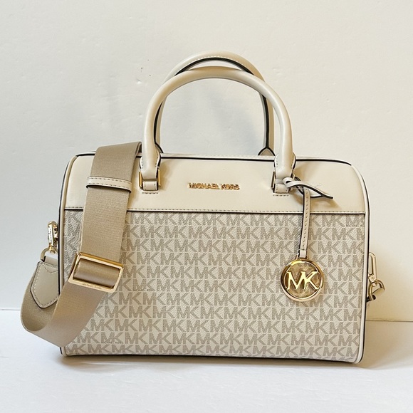 Michael Kors Jet Set Travel Medium Satchel Shoulder Duffle Bag MK Light Cream - Picture 6 of 11